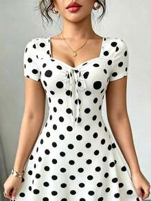 Nuevo 2026  Nuevo vestido mini de verano de ajuste ceñido con nudo delantero, de punto jacquard de crema de mantequilla sexy para mujeres - Blanco y Negro - Ver 2