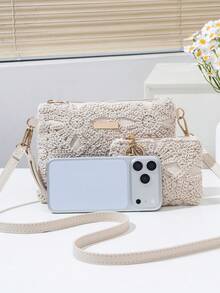 Bộ 2 món gồm ví nhỏ, túi xách đan rỗng họa tiết hoa, dây đeo vai điều chỉnh được, túi đeo vai & túi cầm tay thường ngày phong cách casual, trọng lượng nhẹ - Màu be - Xem 4