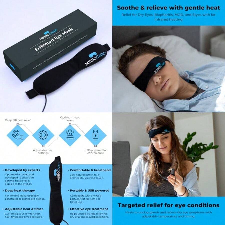 Heated eye mask for dry eyes with graphene FIR - Warm eye compress for MGD Chalazion Blepharitis Styes - Travel eye mask with adjustable heat and timer USB powered for eye relaxation - Negro - Ver 1