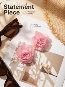 Pendientes florales 3D oversize para mujer, pendientes de estilo de playa exagerado Y2K, verano - Rosa Pálido - Ver 3