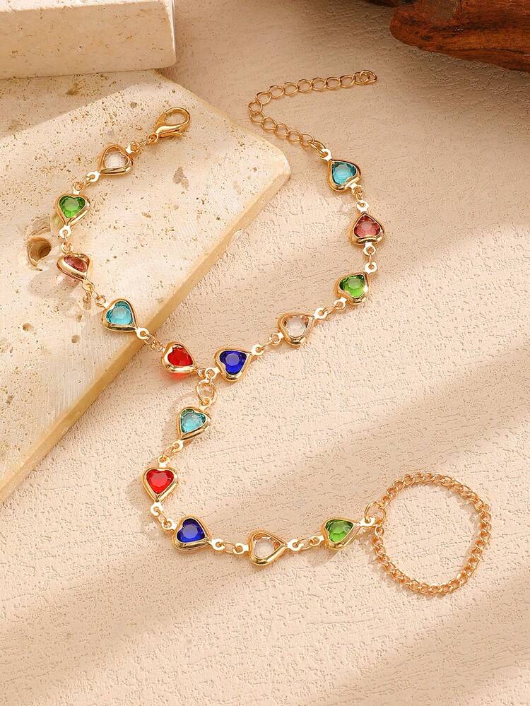 1pc Minimalist Fashionable Multicolor Heart Shaped Women Ring Linked Bracelet (Random Glass Color) - Yellow Gold - View 1