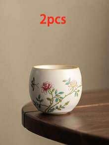 1pc/2pcs Beige Ru Yao Hundred Flower Dish Pattern Ceramic Tea Cup, Light Luxury Exquisite Elegant Style Kung Fu Tea Set, Medium Size Host Cup Single Cup, Suitable For Daily Tea Parties, Arabic Coffee, Turkish Coffee, Brewing Coffee, Entertaining Guests, Friends - Multicolor - View 14