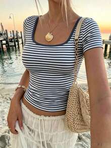 Women's Minimalist Retro Striped Short Sleeve T-Shirt - Multicolor - View 7