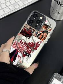 1个Y2K红黑拼贴印花透明手机壳，带链条挂饰，防震保护套，兼容 15/14/13/12/11 Pro Max系列 - 彩色 - 查看 4