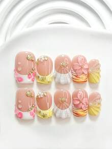 10 chiếc móng tay giả dán phong cách cô gái ngọt ngào Dopamine, bộ móng Polygel, phụ kiện nghệ thuật móng sò, sao biển và hoa nhỏ, trang trí nghệ thuật móng hoa năm cánh màu hồng được tạo hình thủ công, sơn móng màu hồng và vàng, phong cách mùa hè tươi mới, đi kèm dụng cụ làm móng (1 tờ miếng dán thạch + 1 cái dũa móng), có 3 kích cỡ, móng vuông, móng vuông ngắn, móng hạnh nhân, phù hợp cho họp mặt, hàng ngày, tiệc tùng, chụp ảnh, vui chơi, xuân hè, đi làm - Nhiều màu - Xem 4
