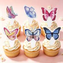 35pcs/24pcs/1pc Purple Butterfly Happy Birthday Cake Cupcake Topper With Ribbon Set, Girls Birthday Party Cake Decoration - Multicolor - View 4