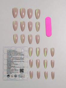 VV MEI JIA ER 24片可重复使用的杏仁形美甲贴片 - 裸棕色镀铬猫眼美甲贴纸，变色龙美甲贴 - 便携套装，含1卷美甲胶水和1把指甲锉，适合女性和女孩DIY - 棕色 - 查看 6