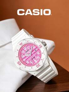 CASIO 女款學生防水運動手錶，白色錶殼搭配粉色格紋錶盤，極簡石英腕錶，適合中學生與高中女生，戶外、游泳、百搭、清新，白色手錶，禮物 - 白色 - 查看 4