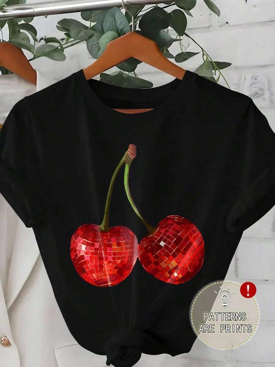 Women's Cherry Print Short Sleeve T-Shirt, Ideal For Holidays, Spring And Resort Wear - Vintage Street Style Unisex Cotton Short Sleeve Crew Neck T-Shirt - 黑色 - 查看 1
