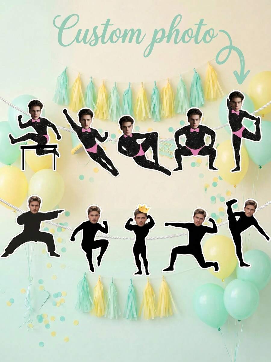 5/10/15 cái Banner tiệc nam vận động viên thể dục tùy chỉnh ảnh, Banner nhào lộn mặt hài hước cá nhân hóa với các chi tiết cắt lấp lánh, Banner lấp lánh cho lễ kỷ niệm trẻ em/thanh thiếu niên, tiệc độc thân cô dâu và đêm hội con gái - Nhiều màu - Xem 1