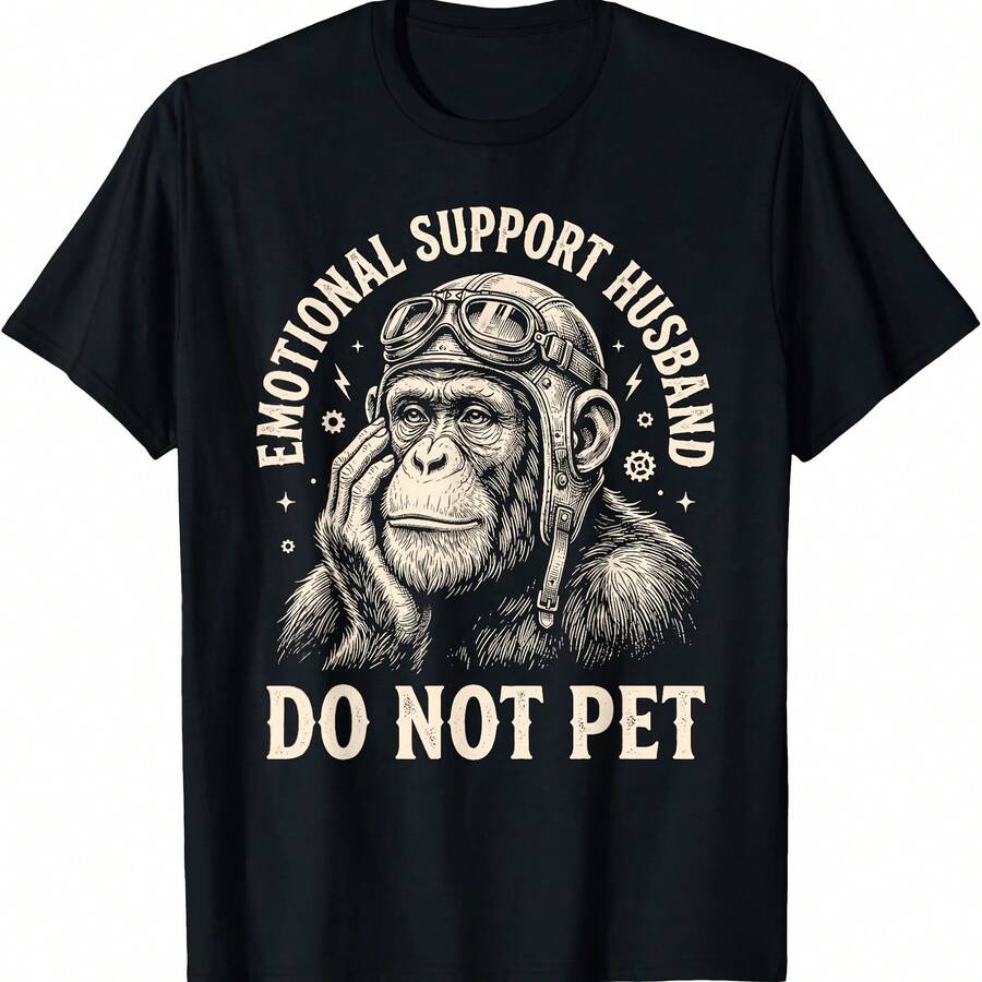 EmotionalSS SupportSS Husband Do Not Pet Funny Monkey T-Shirt - 黑色 - 查看 1