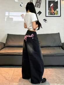 1件美式街頭風刺繡女款繭型寬腿鬆身長褲 全季牛仔褲（不含腰帶/配件）黑色休閒秋季 - 黑色 - 查看 4