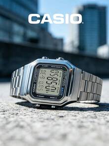 CASIO 日常復古必備款：中性不鏽鋼數位手錶，方形銀色錶盤，30M 防水，附鬧鐘、秒錶、螢光顯示 A178WA-1A - 銀色 - 查看 2