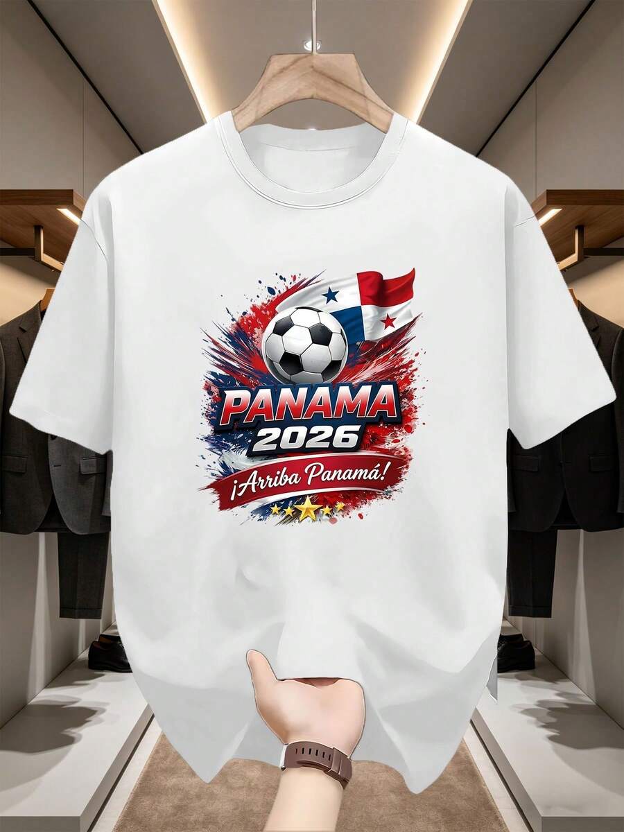 Panama 2026 Slogan Edition, Short Sleeve T-Shirt With PANAMA 2026 Football Slogan Print, Heavyweight Cotton Blend For A Loose And Comfortable Fit, Football Style For Everyday Looks. - 白色 - 查看 1