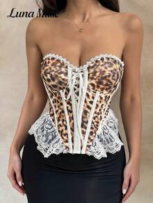 Luna Muse Top Corsé Vintage con Estampado de Leopardo para Mujer Primavera/Verano, Bustier Ajustado con Volantes y Cordones, Top Corto Sexy Estilo Y2K Coquette con Estampado de Guepardo, Top Tubo sin Tirantes Ajustado, Adecuado para Fiestas, Festivales de Música, Discotecas, Día de San Valentín, Halloween y Otras Ocasiones - Blanco - Ver 2