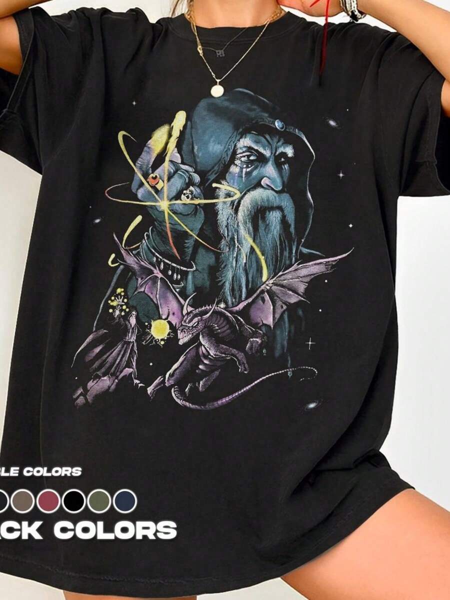 Wizard Dragon Dark Fantasy 90s Graphic T-Shirt, Unisex Cotton Tee Imag (2) - màu đen - Xem 1