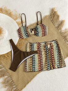 Swim Vcay Set de 3 piezas Conjunto de bikini de verano para mujer con top corto de tela de ganchillo con patrón de ola de color contrastante y decoración de metal, emparejado con Bottom de bikini de corte alto sólido en marrón y falda pareo asimétrica con decoración de metal, con tirantes desmontables, adecuado para vacaciones en la isla, de vacaciones, playa, en la piscina, ambiente relajado - Negro - Ver 10
