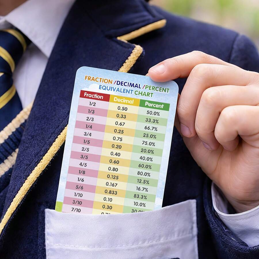 一套3张卡片,包含分数、小数和百分比转换表,是数学学习和课堂教学的教育工具。 - 彩色 - 查看 1