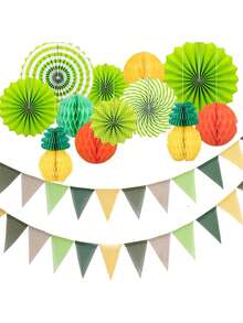 4m Green-Yellow Ombre Linen-Like Triangle Pennant Flags Bunting Set, Suitable For Outdoor Camping Tent Decor, Picnic, Birthday Party, Storefront Display, Reusable Garland For Cozy Atmosphere - A - View 2