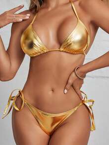 Tylish Sexy Tie Triangle Bikini, Unique Shiny Women Beach Swimwear. Standout For Beach, Ocean & Parties, Bestselling Bathing Suit Vacation - Gold - View 1