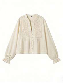 Women's Elegant Chic Floral Embroidery Blouse, Casual Versatile Top For Everyday Outfit, Daily Wear - Apricot - View 3