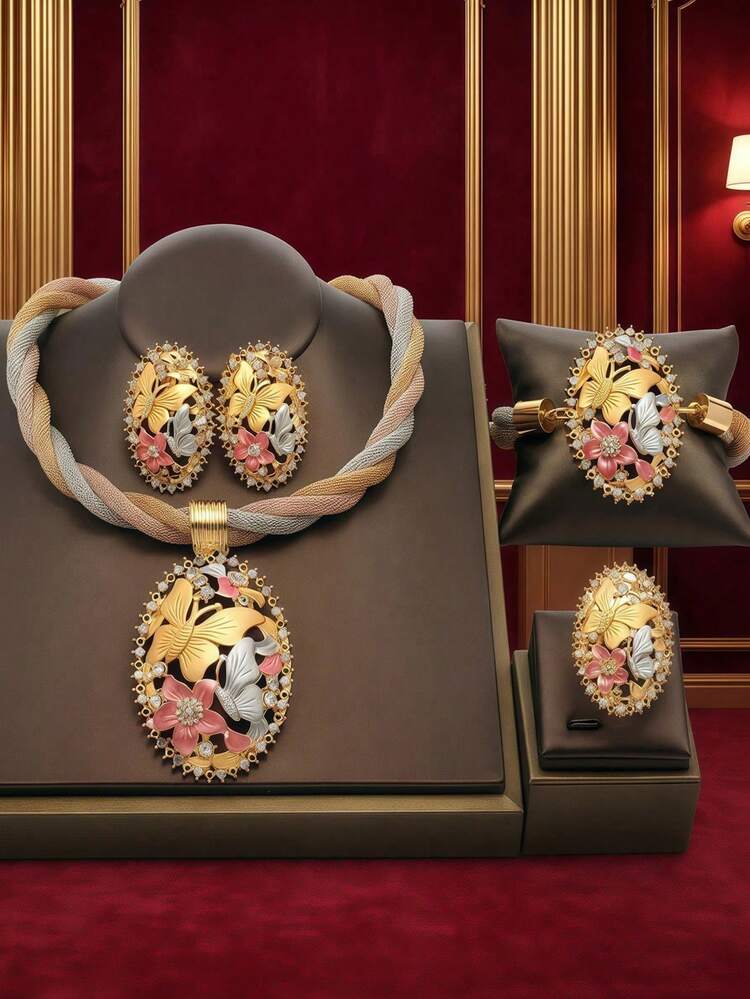 Set Perhiasan Liburan 4 Buah yang Dapat Diatur, Berhiaskan Berlian Imitasi dan Desain Kupu-Kupu Terbang, Sempurna untuk Dipakai Sehari-hari, Wanita Dapat Memberi Hadiah untuk Diri Sendiri - Emas - View 11