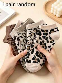 5 Pairs Women Leopard Print Short Socks/Invisible Socks, Casual Cute Breathable Fashion Comfortable, Suitable For Daily Wear, All Seasons - Multicolor - View 7