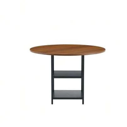 Round Dining Table With A Diameter Of 107 Cm With A Double Shelf In A Walnut Finish, MDF Top And Metal Frame, Suitable For 2-4 People, Ideal For European Family Meals.
