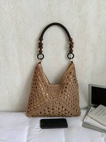 2026 Bolso de hombro tejido a ganchillo de color contrastante a la moda, bolso de hombro con asa superior tejida hueca, bolso de tote casual con decoración de cuentas de madera, artículo esencial para amantes de las vacaciones de primavera/verano en la playa y los viajes, perfecto para la playa, el resort, la piscina y las escapadas a la isla - Caqui - Ver 5