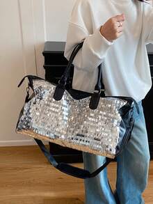 New Fashionable Travel Bag With Jacquard Pattern, Minimalist Niche Design, Stylish And Popular, Suitable For Short Trips, Fitness, With Spliced Color Blocks, Large Capacity, Versatile - Ginger - View 6