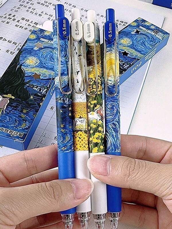 2 buc. pixuri cu bilă Van Gogh Noaptea înstelată, pixuri de examen cu uscare rapidă, stil pictură în ulei, metalice, retractabile, de înaltă calitate, vârf fin 0.5 mm, scriere moale, pentru studenți, birou, jurnal și papetărie