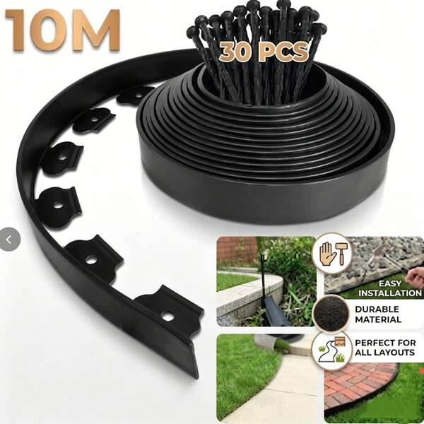 10m Viền vườn PE linh hoạt màu đen, cao 5cm, không cần đào, dễ lắp đặt, vách ngăn cảnh quan, phù hợp cho luống hoa, sân vườn, lối đi, phân chia bãi cỏ