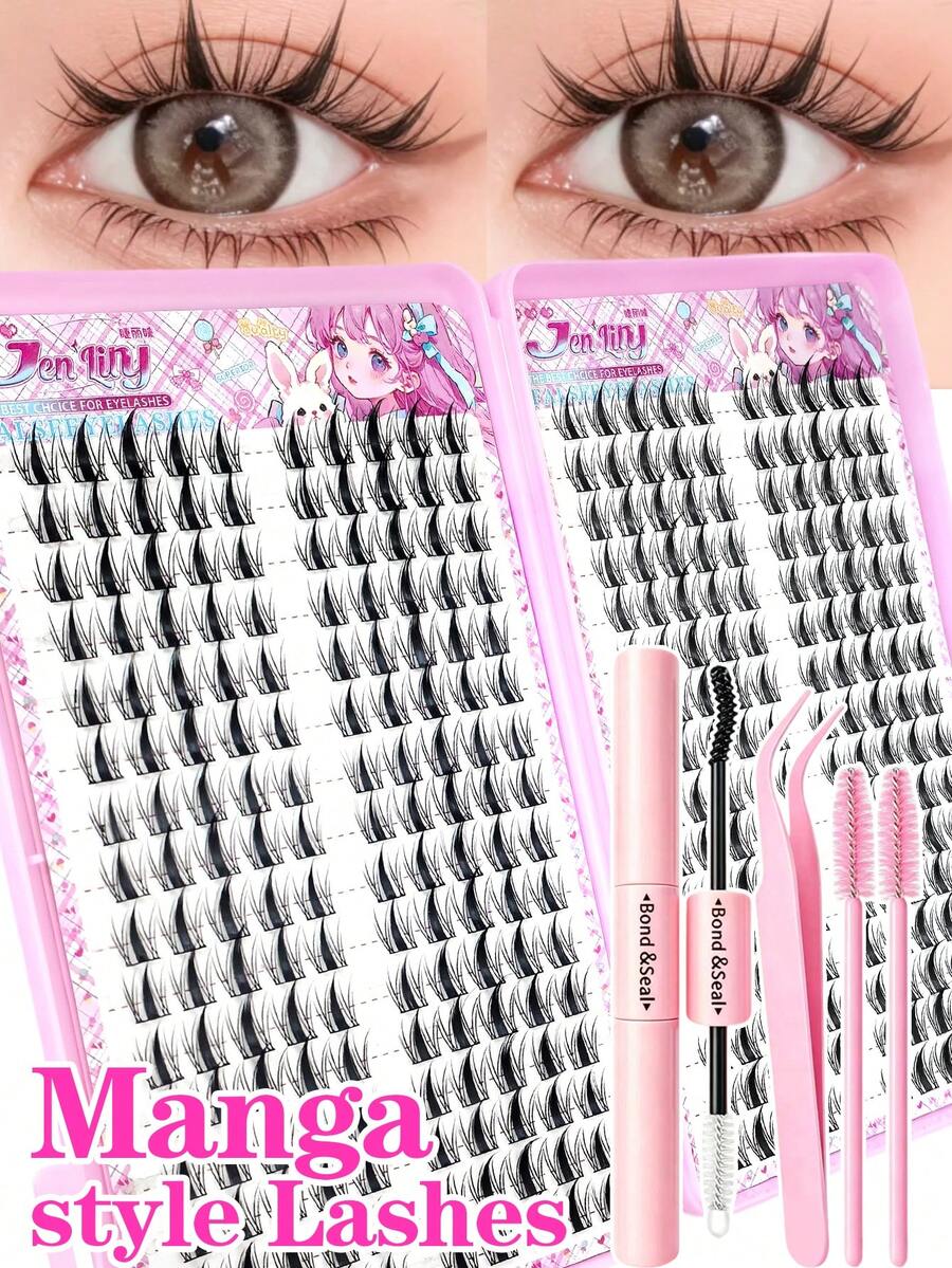 Eimny 320Pcs Manga Style Lash Clusters Kit, D-Curl Natural Look Eyelash Extension Kit, 0.05Mm Ultra-Thin Invisible Band, Fine Individual Lashes, Spiky Fairy Cluster Lashes,DIY Eyelash Extensions For Home Use - Multicolor - View 1