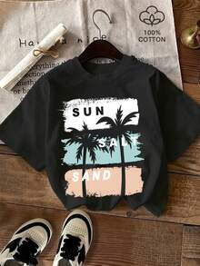 100% Pure Cotton Summer T-Shirts, Women's Short-Sleeved T-Shirt With Coconut Tree Print. - Black - View 2