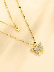 1 Piece Double Layer Butterfly Necklace, Elegant Clavicle Chain, Minimalist Design - Gold Yellow - View 3