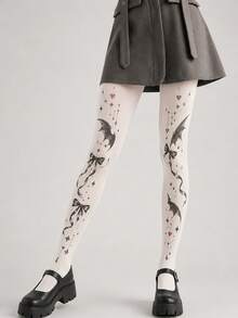 1pc Women's White Velvet Bat Wing Bow Print Tights, Gothic Style Cute Star & Heart Pattern Elastic Pantyhose, Cute Dark Style Stockings, Suitable For Spring/Summer Party & Daily Wear - White - View 4