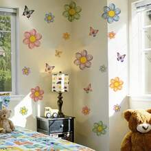 2 piezas Pegatinas de pared con flores y mariposas de colores, calcomanías florales de color macaron, material de PVC removible adecuado para la habitación de niñas, dormitorio, decoración de pared de la sala de estar - Ver 3