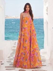 Faeriesty Đầm cổ cao họa tiết hoa thanh lịch - Chất liệu chiffon rực rỡ, kiểu dáng chữ A thướt tha, phù hợp cho các bữa tiệc, đám cưới ngoài trời và các lễ kỷ niệm theo phong cách boho. - trái cam - Xem 1