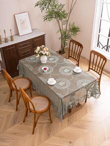 1pc French Elegant Floral Lace Trim Tablecloth, Countryside Fresh Decor - Green - View 6