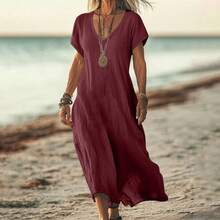 Loose-Fitting Solid Color V-Neck Cotton-Linen Women's Dress - White - View 7