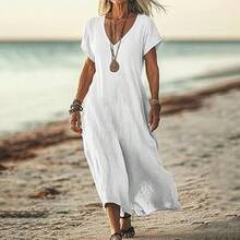 Loose-Fitting Solid Color V-Neck Cotton-Linen Women's Dress - White - View 1