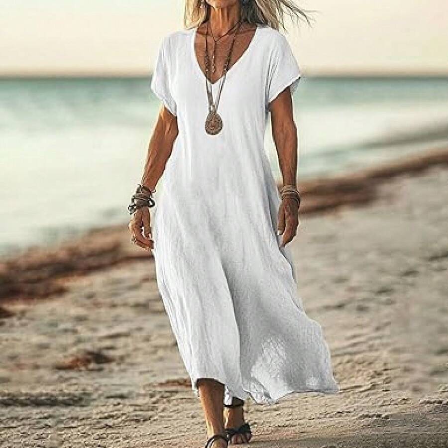 Loose-Fitting Solid Color V-Neck Cotton-Linen Women's Dress - White - View 1