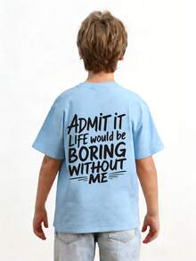 Tween Boy-Slogan Print T-Shirt, Suitable For Boys Outdoor Sports, Boys Spring/Summer Casual Versatile Top - Baby Blue - View 4