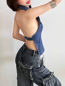YeonC 女士露背牛仔吊带短款上衣，时尚纽扣前开襟露背设计，高弹力背心，休闲穿搭，女士街头风辣妹背心 - 藍色 - 查看 8