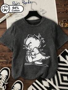 Plus Size Women's Fashion & Casual T-Shirt Cute Cat Print Tee With Vintage Washed Crew Neck, Ideal For Daily Wear And Commuting Summer Top Black - Black - View 6