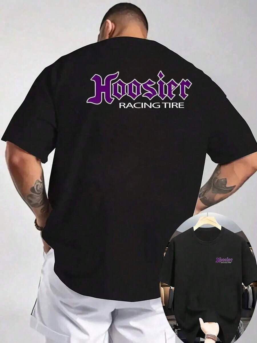 2026 Summer New Casual Versatile Soft And Comfortable Round Neck T-Shirt, Suitable For All Seasons [Sporty T-Shirt] Men'S Hoosier Racing Tire Graphic T-Shirt - White Casual Summer Tee With Purple & Black Print, Breathable Knit Fabric, Perfect For Outdoor Activities, Outdoor Tshirt |     Bold Graphic Tee |     Comfortable Fit Relaxed Plus Size T-Shirt Is Suitable For Daily Commuting, Versatile For Home And Office Settings, Men's T-Shirt - 黑色 - 查看 1