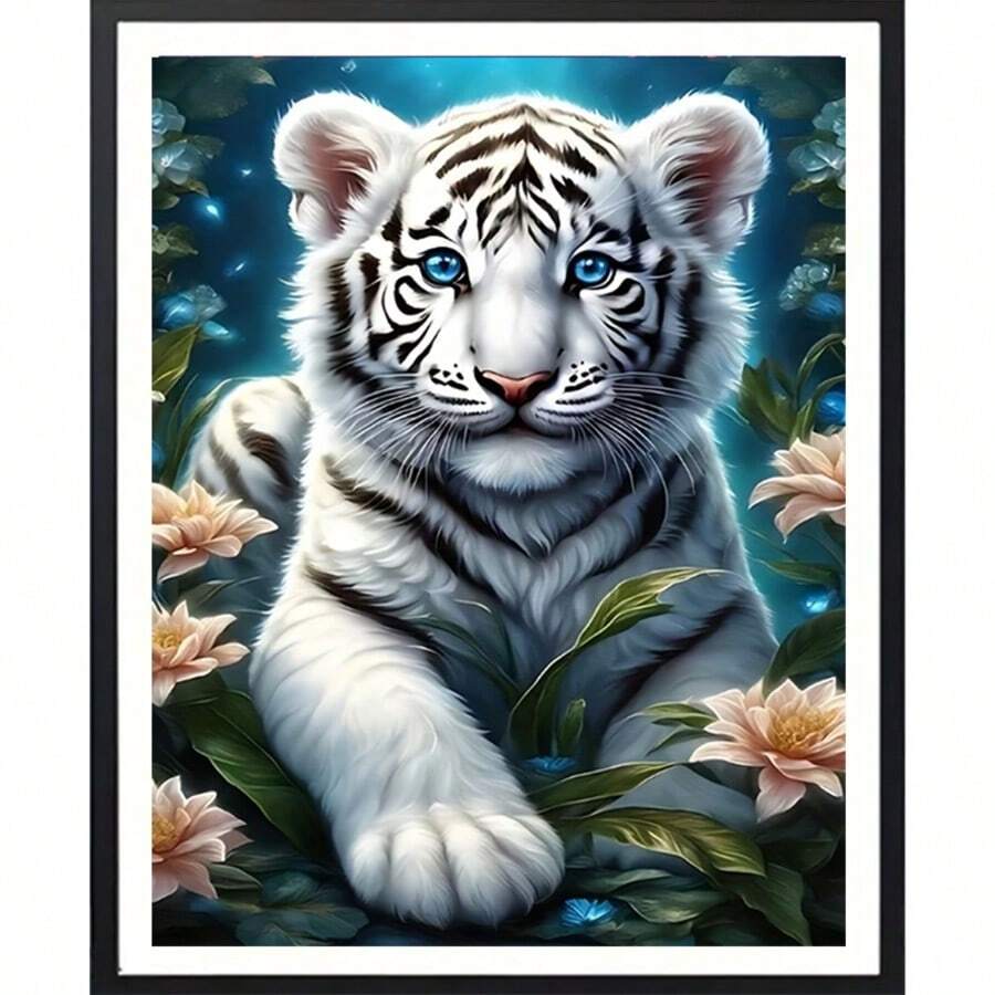 1件 30*40cm 夢幻藍眼白虎與花卉DIY鑽石畫套組，全鑽設計，成人與兒童壓力緩解手工藝品，居家牆面裝飾藝術，適合初學者，節日/生日禮物