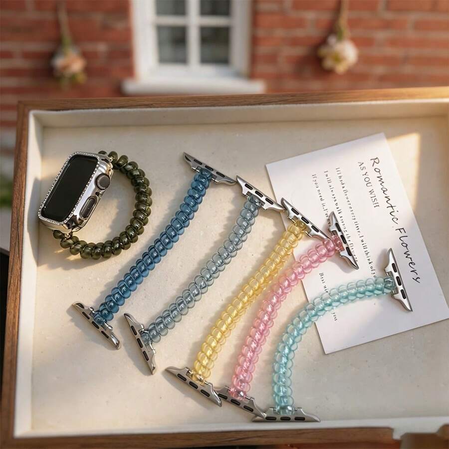 1pc Glossy Solid Color Coiled Phone Cord Style Watch Band Compatible With Apple Watch, For Women - Black - View 1