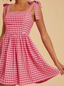 xheTravachic Vestido de verano de mujer con cuello cuadrado, sin mangas, con cintura ajustada y lazo delantero, en estampado floral. Conjunto de vacaciones para mujer, atuendos para vacaciones, atuendos de playa, conjuntos de verano para mujer, vestidos de verano para mujer, vestidos para mujer, vestido de veranoxhe - Rojo y blanco - Ver 8