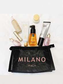 大容量網格肩背包附化妝包功能，飾有玫瑰金「Milano」標誌。這是一款便攜式海灘度假大容量托特包、網格海灘包、便攜式透明網格化妝包和收納包。它是適合男士、女士、情侶日常使用、約會、生日和其他場合的理想購物袋。 - 彩色 - 查看 6